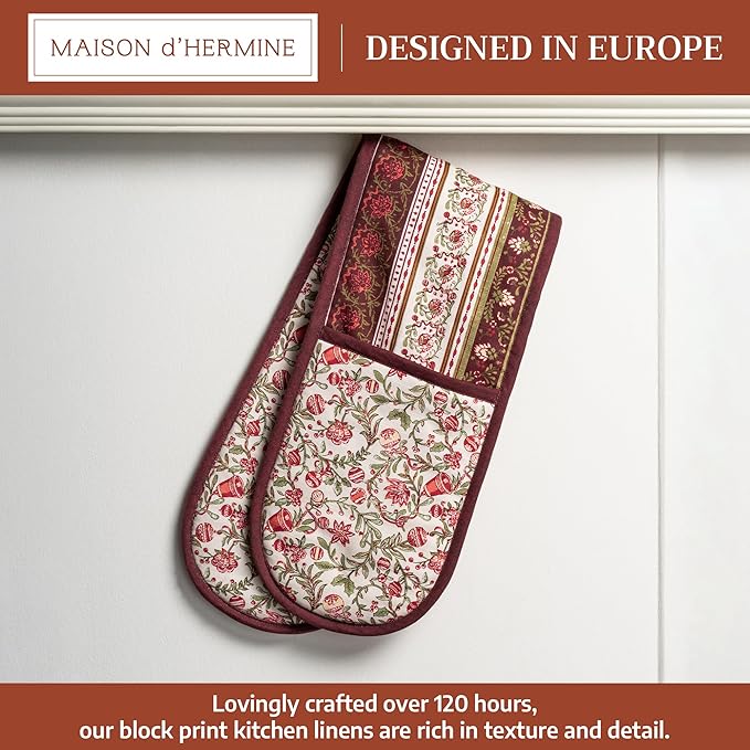 Maison d' Hermine Double Oven Mitt (7" x 35") 100% Cotton Heat Resistant BBQ Cooking Gloves with Loop for Thanksgiving Christmas Decorations Baking Cooking Handling Hot Pan (Reveillon Au Jardin)