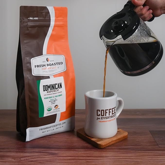 Fresh Roasted Coffee, Organic Dominican Republic Whole Bean Coffee, Medium Roast, USDA Organic, Direct Trade, Kosher, 2 lb (32 oz)