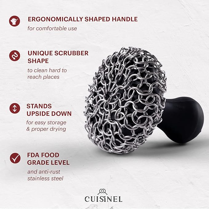 Cuisinel Cast Iron Chainmail Scrubber + Pan Scraper - Ergonomic Design Stainless/Silicone Cleaner for Pots & Skillets - Easy to Clean, Dishwasher Safe, Cookware Sponge Accessory