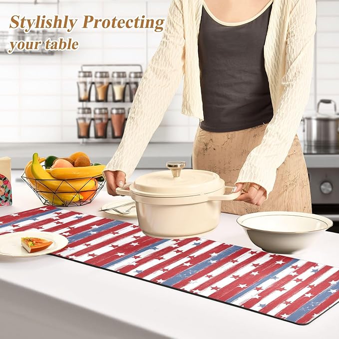 2-in-1 Table Runner Trivet for Hot Dishes Heat Resistant Hot Plate Mat Pad 39x12 Inch Waterproof Table Protector Trivets for Countertop Decorative Red and Blue Stars Independence Day