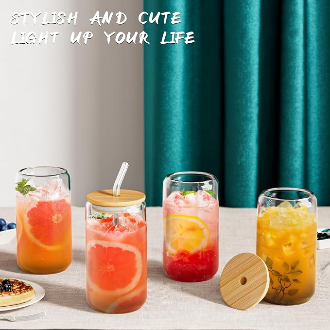 20 Pcs Glass Cups with Bamboo Lids and Straws - 16oz Glass Tumbler, Iced Coffee Cup, Can Shaped Drinking Glasses for Coffee, Tea, Smoothie, Juice, Cocktail Include Cleaning Brushes & Boxes