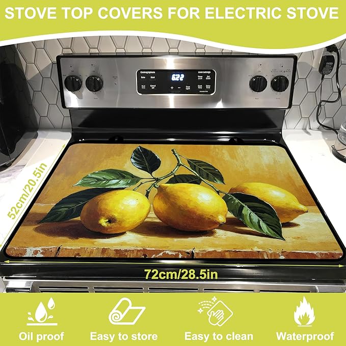 Glass stove top cover 28"x 20", Stove Top Covers for Electric Stove, Flat Range Mat for Glass Cooktop, Kitchen Heat-Resistant Protector Non-Slip Drying Mat (Lemon)