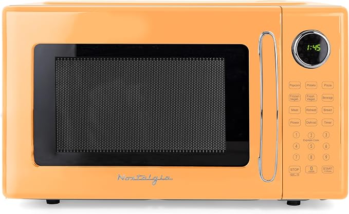 Nostalgia Modern Retro Compact Countertop Microwave Oven - 1.1 Cu. Ft. - 1000-Watts with LED Digital Display - Child Lock - Easy Clean Interior - Orange