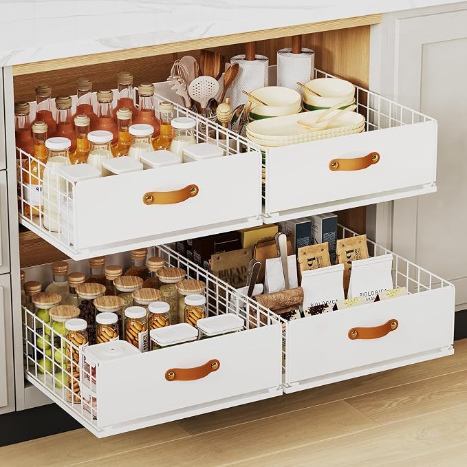 Pull Out Cabinet Organizer, No-Drill Pantry Drawers, Slide Out Shelves with Bamboo Risers for Lipped Cabinets,Ideal for Kitchen, Bathroom & Under Sink Storage (White, 15.8" Wide-21 Deep)