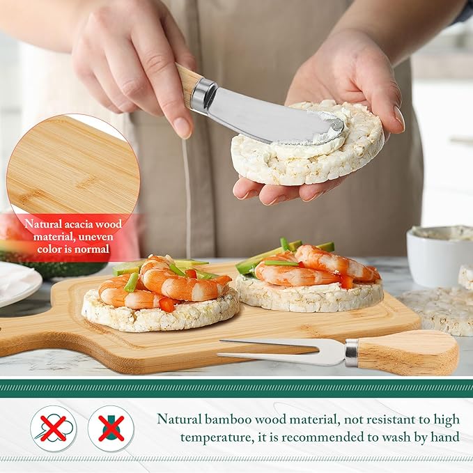 Ziliny 24 Set Bridal Baby Shower Cheese Prizes Wooden Square Board Gift Set Knives Forks Thank You Tags with Box for Guests for Valentines Bridal Baby Shower Housewarming Gifts (Bamboo Color)