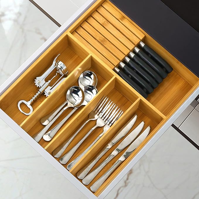 VaeFae Bamboo Silverware Drawer Organizer with Knife Block Set