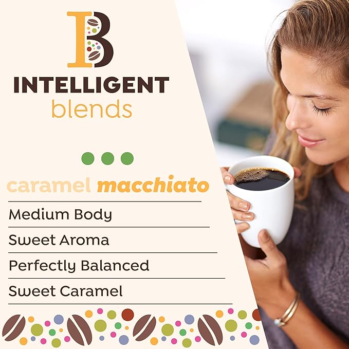 Intelligent Blends Caramel Macchiato Flavored Coffee Pods, 16 ct, Medium Roast Single Serve Pods – 100% Arabica Coffee, Compatible with Keurig K Cups Maker