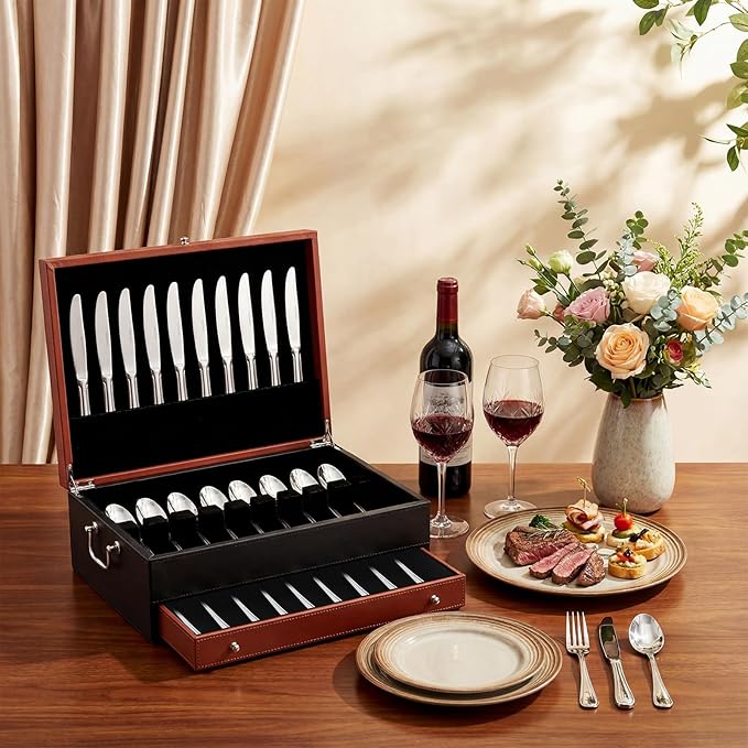 DoubleFill 2 Layer Leather Silverware Storage Box with Lid and Handles, Anti Tarnish Silverware Storage Chest Case with Felt-lined for 12-16 or More Sets of Utensils Flatware Gifts, 15.3x11.2x5.7 Inch