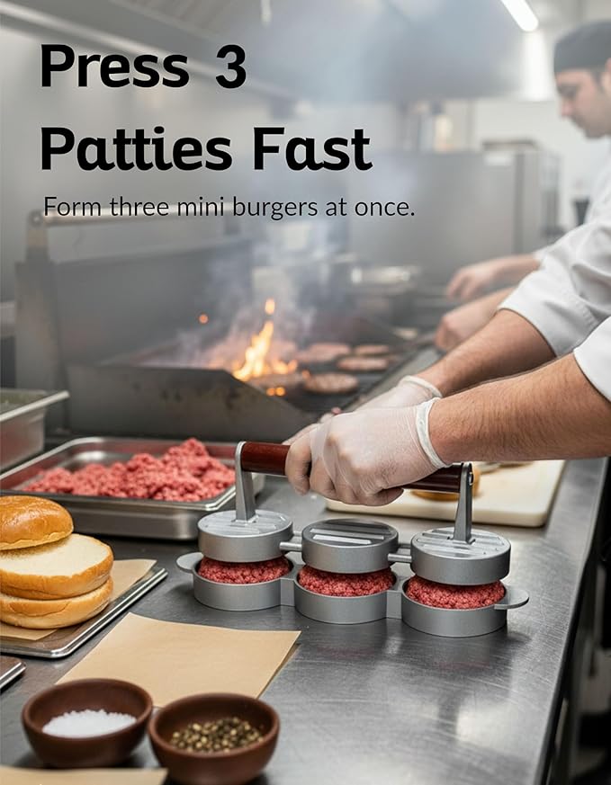 Boxiki Kitchen Mini Burger Press 3 Slot Slider Patty Maker for Hamburgers Veggie Burgers BBQ Compact Aluminum Press with Wooden Handle Dishwasher Safe Triple Patty Mold for Beef Turkey Sliders