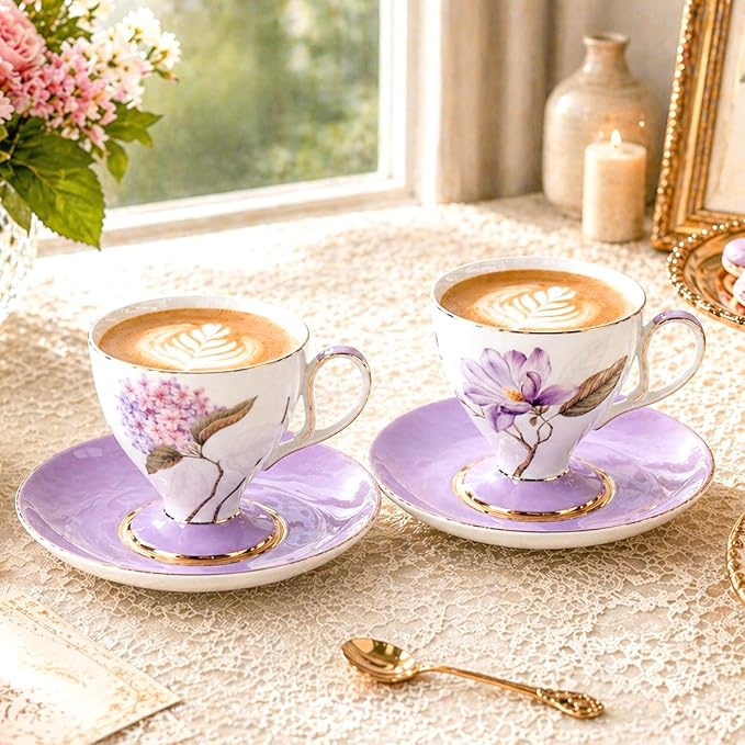 KAMMAK Ceramic Coffee Cups Saucers Set of 2, Porcelain Espresso Cup with Saucer, 8.45 oz Handcrafted Elegant Bone China Tea Cups, Purple Floral Pattern Demitasse Cup for Latte, Americano, Cappuccino