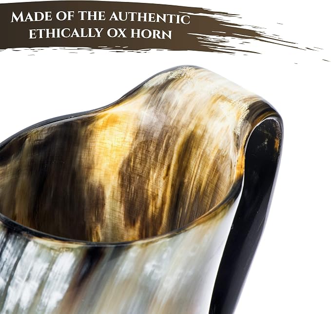 Trondebal Viking Drinking Horn Mug – 15-20 oz Authentic Ox Horn Beer Mug with Burlap Bag & Bottle Opener, Unique Gift for Men, Brother, Dad, Husband, Norse Tankard for Mead Ale & Whiskey