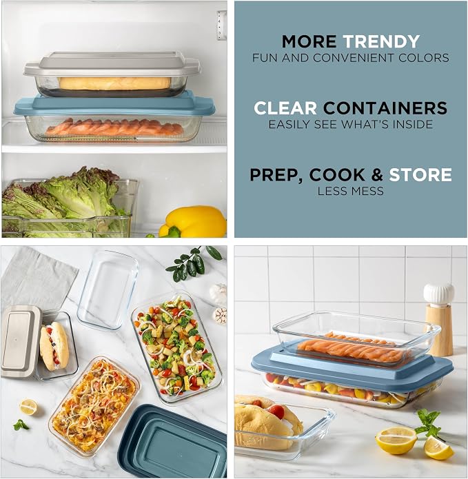 COOK WITH COLOR 8-Piece Deep Glass Baking Dish Set with Plastic Lids – Casserole and Food Storage Containers for Lasagna, Leftovers – Freezer-to-Oven, Microwave & Dishwasher Safe, Blue