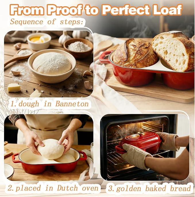 DIY Double Dutch Oven for Sourdough Bread Baking – Enamel Cast Iron Bread Baker with Lid, Bake Two Different Loaves at Once, 500°F Oven Safe, Includes 2×5" Banneton Proofing Baskets