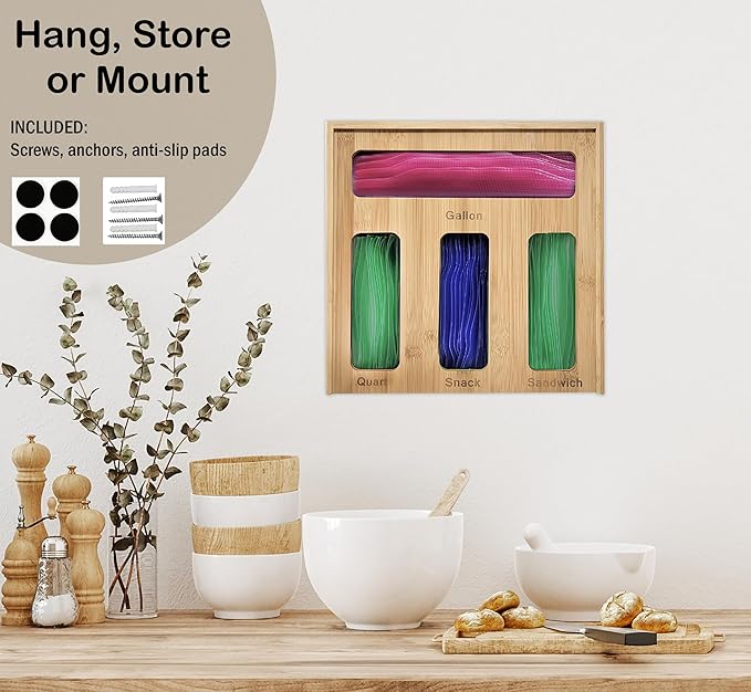 Bamboo Ziplock Storage Organizer for Kitchen Drawer with Sliding Lid – 4 Slot Holder for Gallon, Quart, Snack & Sandwich Bags