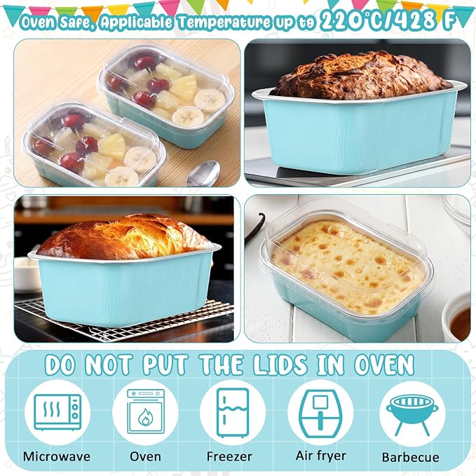 Vesici 100 Sets Mini Loaf Pans with Lids, 5.7 oz Disposable Aluminum Foil Baking Cups, Rectangle Cake Pans for Baking Storage Birthday Party(Powder Blue)