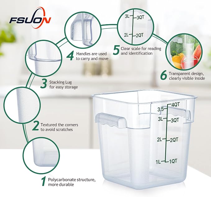 4 Pack 4 Qt Square Polycarbonate Food Storage Containers with Lids | Clear BPA-free PC with lids, side handles, measurement scale and stackable design; for food prep, storage and freezer use.