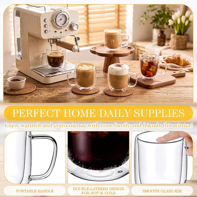 Patelai Glass Coffee Mugs Set of 6, 16 oz Clear Double Walled Coffee Cups Glasses Insulated Latte Mugs with Handle Espresso Clear Cups for Hot and Cold Beverages