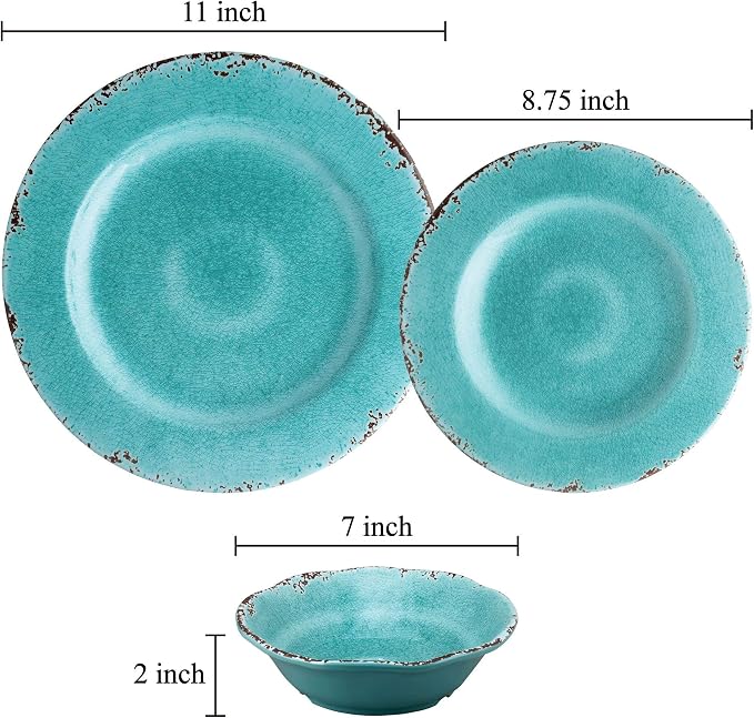 UPware 12 Piece Crackle Melamine Dinnerware Sets, Outdoor Dishes Set, Plates and Bowls Sets, Service for 4, Turquoise