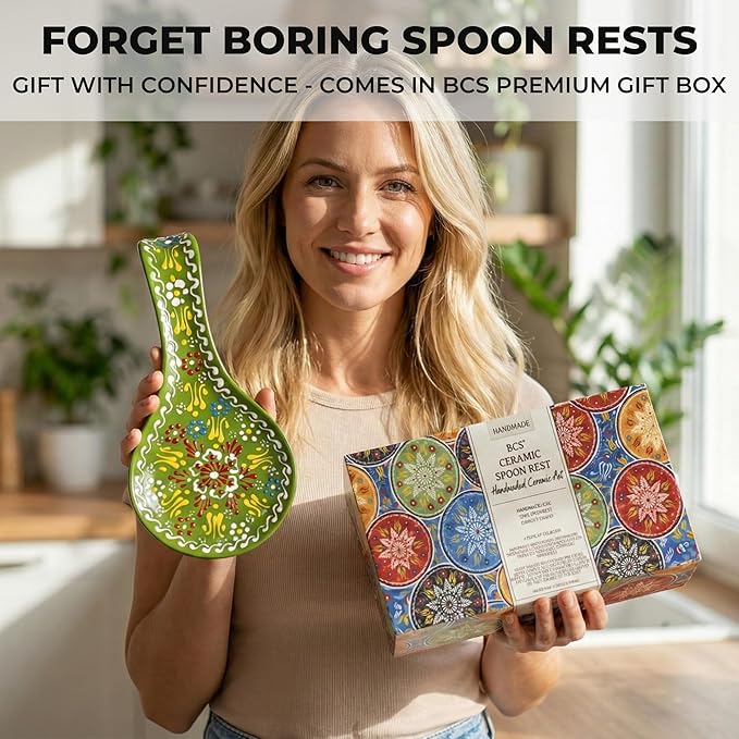 BCS Ceramic Spoon Rest, Large 9” Hand Painted Spoon Holder for Stove Top & Kitchen Counter, Dishwasher Safe & Heat Resistant Utensil Holder, Floral Kitchen Decor, Handmade Pottery