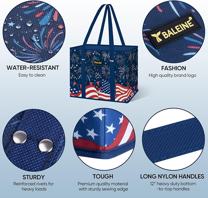 BALEINE 1Pk Reusable Grocery Bags, Foldable Shopping Bags for Groceries with Reinforced Bottom & Handles (Freedom Celebration)