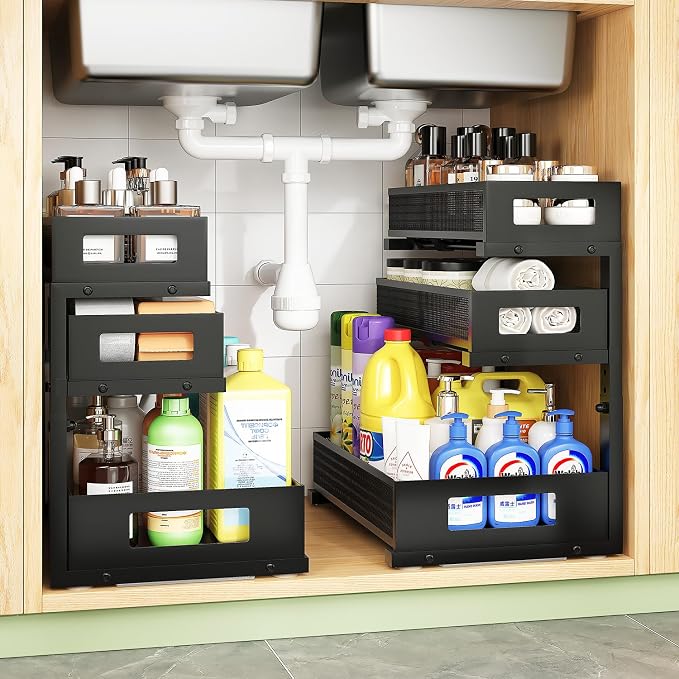 3-Tier Under Sink Organizer,2 Pack Height Adjustable Pull Out Cabinet Organizer Shelf, Thickened Metal Slide out Storage Drawer Rack for Bathroom Laundry Room Kitchen Pantry Organization (Black)