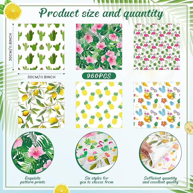 Reallnaive 960 Pcs Summer Theme Wax Paper Sheets 12 x 12 Inch Parchment Deli Tissue Paper Sandwich Wrapping Sheets Food Basket Liners for Kitchen Restaurant Baking Supplies, 6 Styles