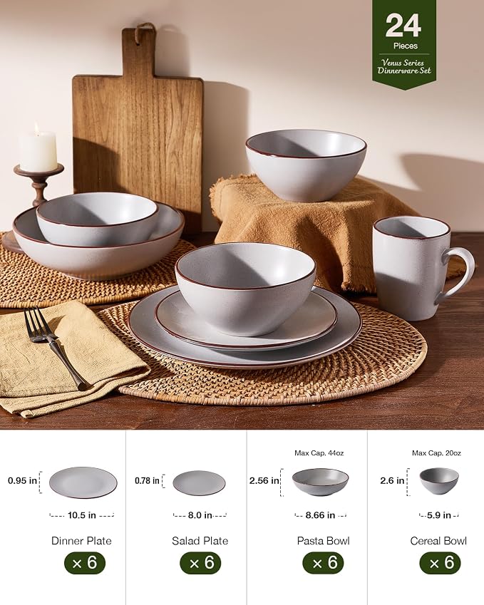 Famiware Venus Stoneware Dinnerware Set with Pasta Bowls for 6, 24-Piece Speckled Plates and Bowls with Trim, Matte Light Gray - Chip‑Resistant Dishes for Everyday & Formal, Microwave/Dishwasher Safe