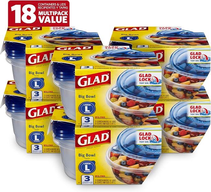 Glad GladWare Big Bowl Food Storage Containers with Lids, Large Round No BPA Plastic Containers for Soups, Salads, and Meal Prep, Lock Tight Seal, Microwave Dishwasher Safe, 48 Oz, 3 Count - 6 Pack