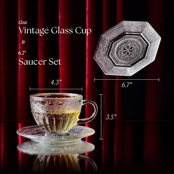 Handcrafted Vintage Glass Coffee Cup and Saucer Set, 12 oz Large Tea Cup with Octagonal Saucer for Coffee, Latte & Tea, Gift for Women, Microwave & Dishwasher Safe, Classic Frosted White