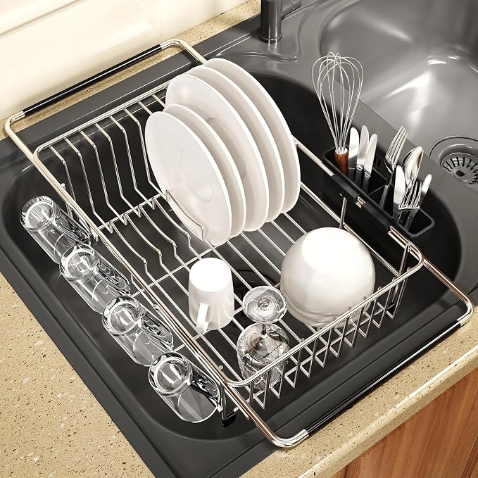 MAJALiS Dish Drying Rack Over The Sink with Adjustable Utensil Holder | Expandable Stainless Steel Dish Drainer for Small Kitchen, Apartment, RV, Counter Space Saving, Perfect Fit, Rustproof
