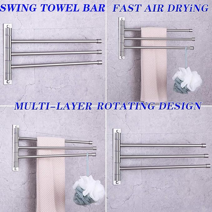 GERZWY Bath Towel Holder Swing Out Towel Bar SUS 304 Stainless Steel Bathroom Hand Towel Rack 3-Bar Folding Arm Swivel Hanger Wall Mount Brushed Finish HYG03-LS