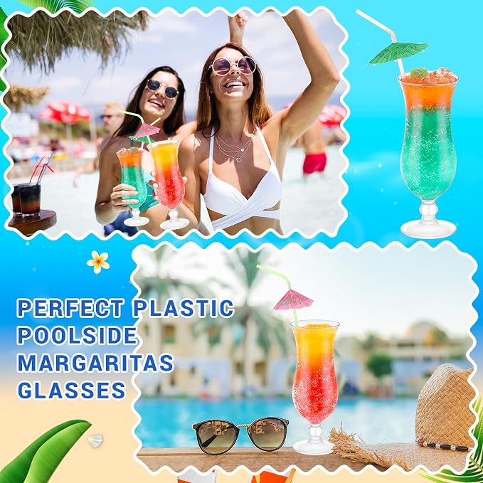 Baderke 12 Pcs Plastic Hurricane Glasses 13.5oz Break Resistant Reusable Plastic Pina Colada Cocktail Glasses Wine Margarita Tropical Beer Juice Beach Party with 30 Pcs Cocktail Straws