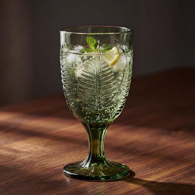 Green Stemmed Goblet, Hand-Pressed Fern Embossed Textured Glass for Water, Cocktails & Wine, Retro Boho Colored Stemware, Decorative Bar Drinkware for Kitchen Dining Table, Unique Botanical Style Gift