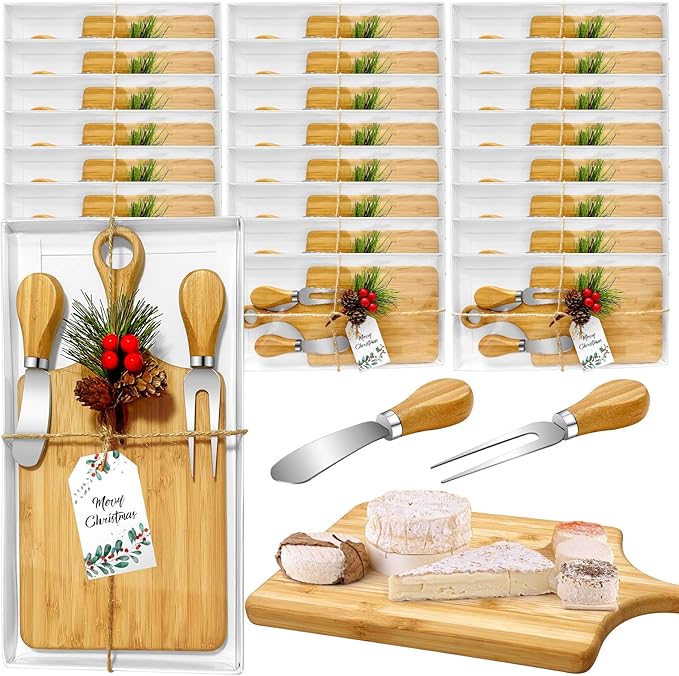 24 Set Christmas Gifts Bridal Shower Favor Bamboo Wooden Square Cheese Board Gift Set Cheese Knives Mini Cutting Board Bulk Set Tags and Boxes Christmas Party Birthday