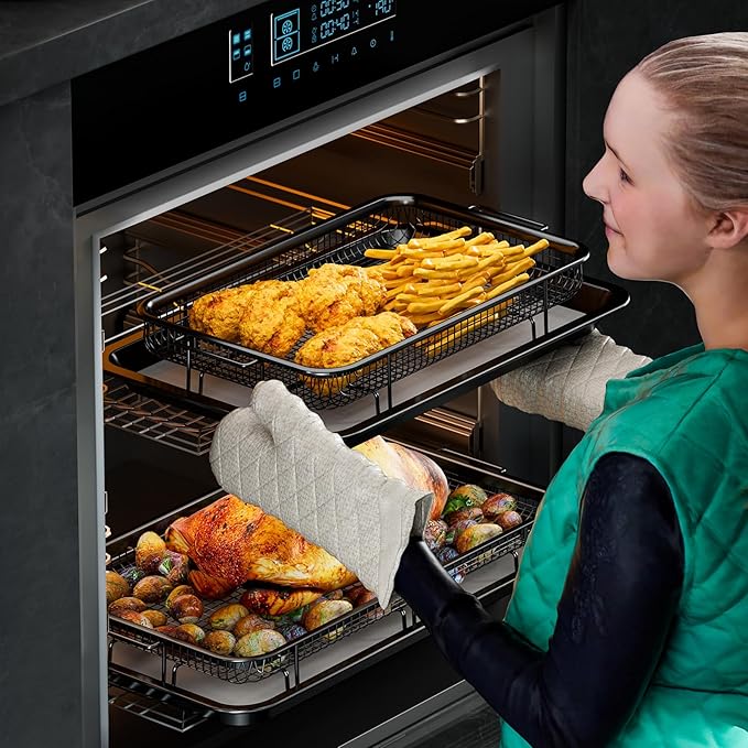 Air Fryer Basket for Oven, Large14.88"×10.98"Air Fryer Pans for Convection Oven with 30 Sheet Parchment Papers, THORSES Non-Stick Stainless Steel Air Fryer Basket and Tray for Multi Cooking - Black