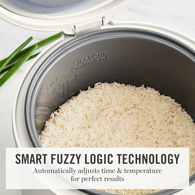 Martha Stewart Rice Cooker, 4 Cup (Uncooked) / 8 Cup (Cooked), Ceramic Non-Stick Removable Pot, Keep Warm, Measure Markings, Steam Basket, Brown & Sushi Rice, Quick Cook, Quinoa, Grains, Oats, Linen Cream