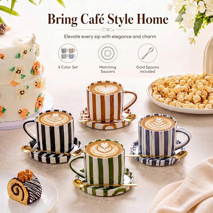 Unittype 8oz Cappuccino Cups Set of 4 with Saucer and Gold Spoons Ceramic Retro Hand Painted Striped Coffee Mugs with Handle, 4 Colors Art Cup, Dishwasher & Microwave Safe for Espresso, Latte