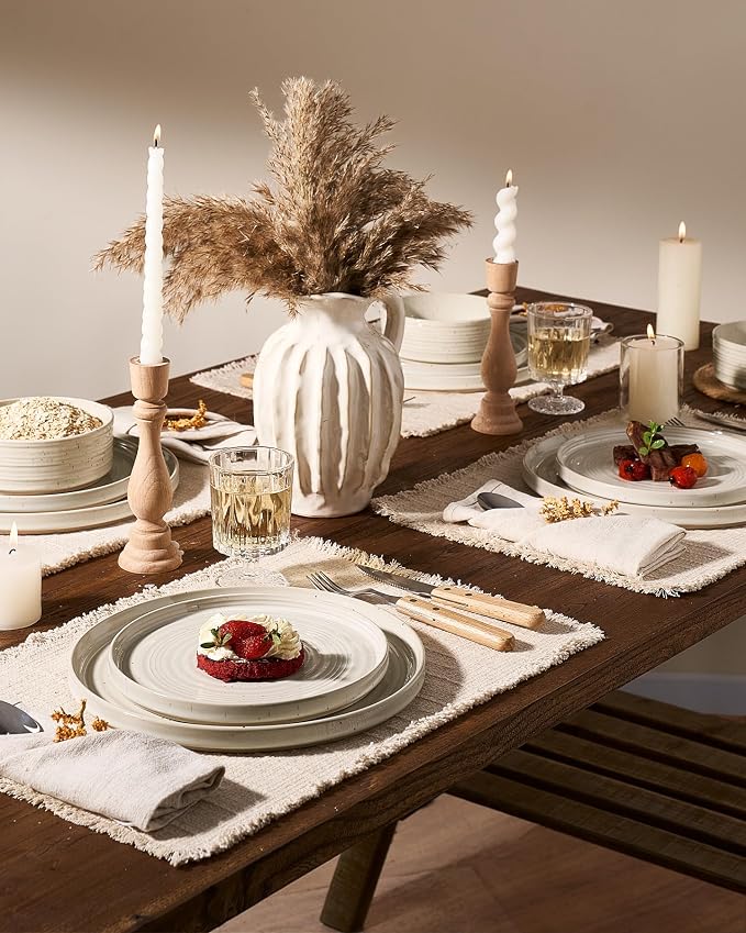 12-Piece Reactive Glaze Stoneware Dinnerware Sets for 4 - High Edge Plates and Bowls with Speckles & Spirals - Chip & Scratch Resistant, Microwave & Dishwasher Safe - Shell Beige