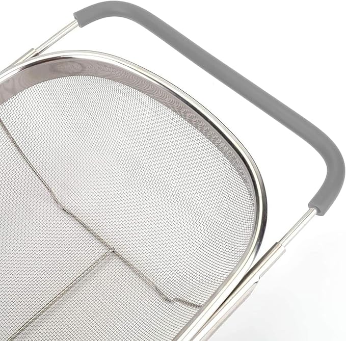 AJIODA Over The Sink Colander, 6 Quarts Stainless Steel Oval Colander with Expandable Rubber Grip Handle, Fine Mesh Strainer Baskets Kitchen Colanders for Strain, Drain, Rinse Vegetables, Fruits, Grey