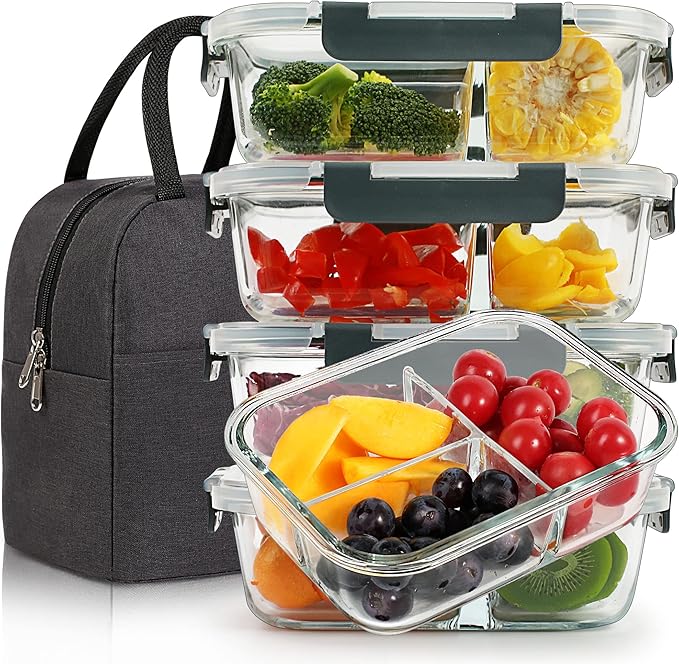 DAS TRUST [5-Packs, 36 oz Glass Meal Prep Containers 3 Compartment with Lids, Glass Lunch Containers,Food Prep Lunch Box,Bento Box,Microwave, Oven, Freezer, Dishwasher (4.5 Cups, Gray)