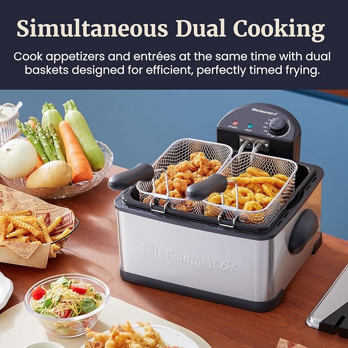 Elite Gourmet Electric Deep Fryer, 4.5 Qt Total Oil Capacity (Dual 2-Qt Split Baskets), 1700 Watts, Stainless Steel, Separates Foods for Simultaneous Cooking, Stainless Steel