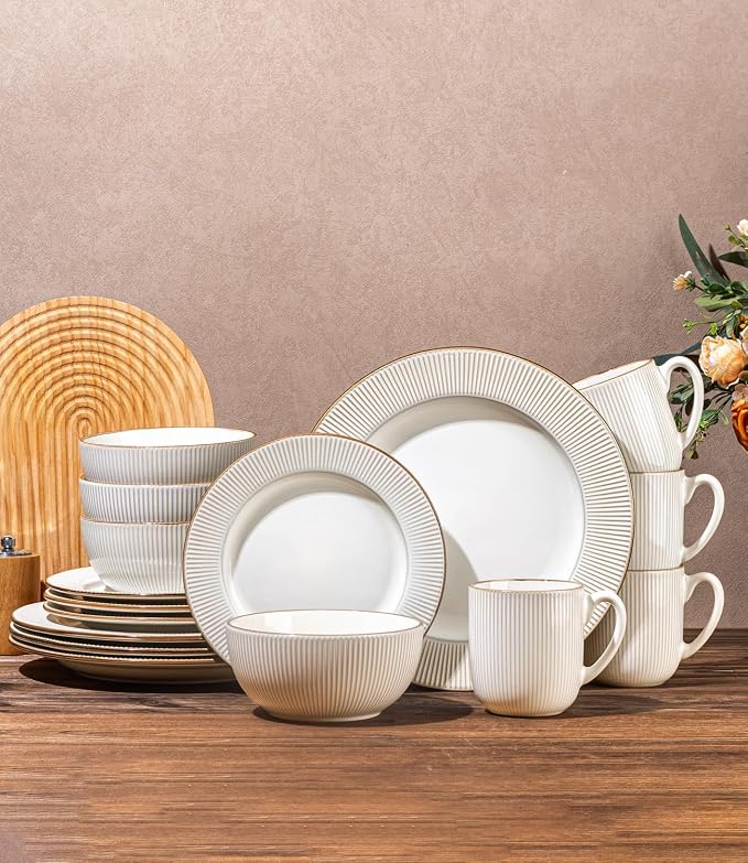 GBHOME Ceramic Dinnerware Sets,16 pcs Embossed Elegant Stoneware Plates and Bowls Sets, Housewarming Wedding Gift | Dishwasher & Microwave Safe | Dishes Set Service for 4