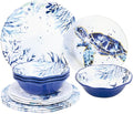 UPware 12 Piece Indigo Sea Life Melamine Dinnerware Sets, Outdoor Dishes Set, Plates and Bowls Sets, Service for 4, Blue