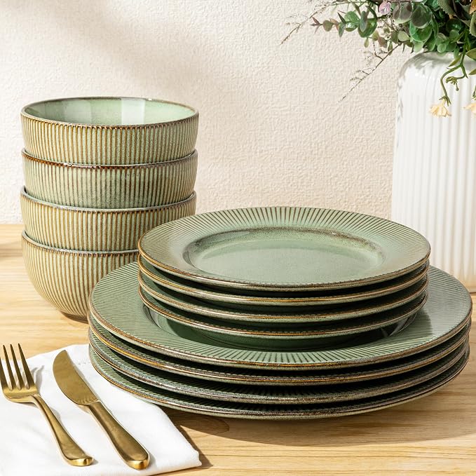 GBHOME Ceramic Dinnerware Sets,12 pcs Embossed Elegant Stoneware Plates and Bowls Sets, Housewarming Wedding Gift | Dishwasher & Microwave Safe | Dishes Set Service for 4