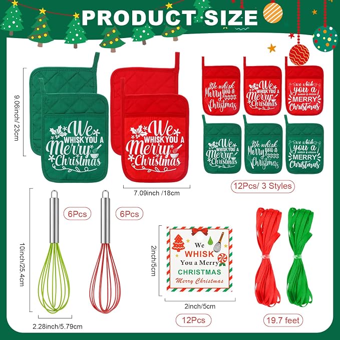 LemonRoad 12 Sets Christmas Whisk Baking Gift Set Xmas Silicone Whisks Oven Mitt Pot Holder Greeting Cards Ribbon Bags for Holiday Kitchen Utensils Cooking Supplies Neighbor Gift(Classic,Red, Green)