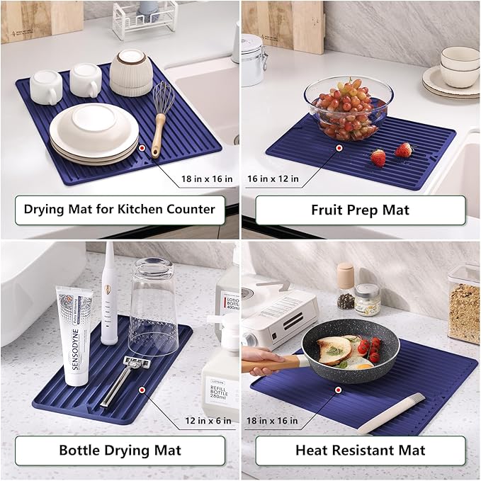 Dish Drying Mat, Flexible Silicone Drying Mat for Kitchen Counter, Heat Resistant Silicone Trivet for Countertop Protector, Super Thick Non-Slip Dish Drying Pad for Under Rack, 12” x 16”