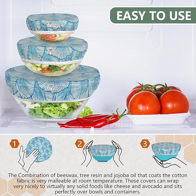 Beeswax Bowl Covers Set of 5 (XS–XL) – Reusable Elastic Food Covers for Bowls – Organic Cotton with Beeswax, Washable & Plastic-Free | Li’l Things – Seashell Serenade