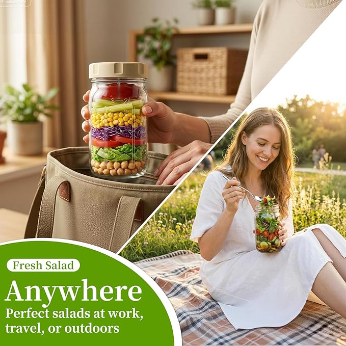 2 Pack Glass Salad Jars with Lids Meal Prep, 32oz Meal Prep Glass Salad Jars with 2 Stainless Steel Forks Wet/Dry Dressing Cups for Home, Office and Outdoor, 32oz Mason Jars