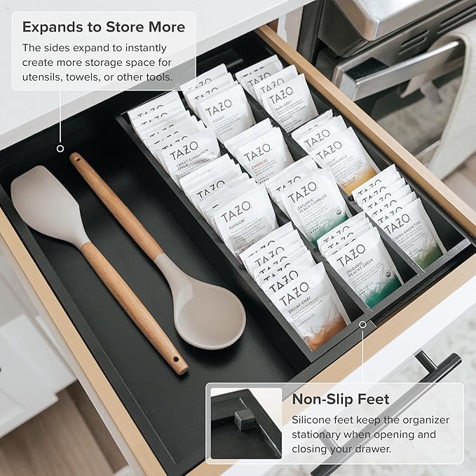 KitchenEdge Tea Bag and Coffee Pod Kitchen Drawer Organizer, Expandable 9.7 to 17 Inches, 10 Storage Compartments, Adjustable Wall Inserts, Non-Slip Feet, Food-Safe Black Finish, 100% Bamboo Wood