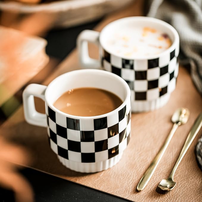 Miamolo Stackable Coffee Mug Set of 4 with Rack 11 oz Tea Cup Set with Little Spoon for Coffee Tea Cocoa Milk, Father's Day,Checkered Black and White Pattern Coffee Mug for Housewarming Gift